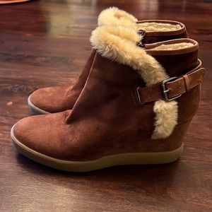 Aquatalia Brown suede shearling wedge boots size 10